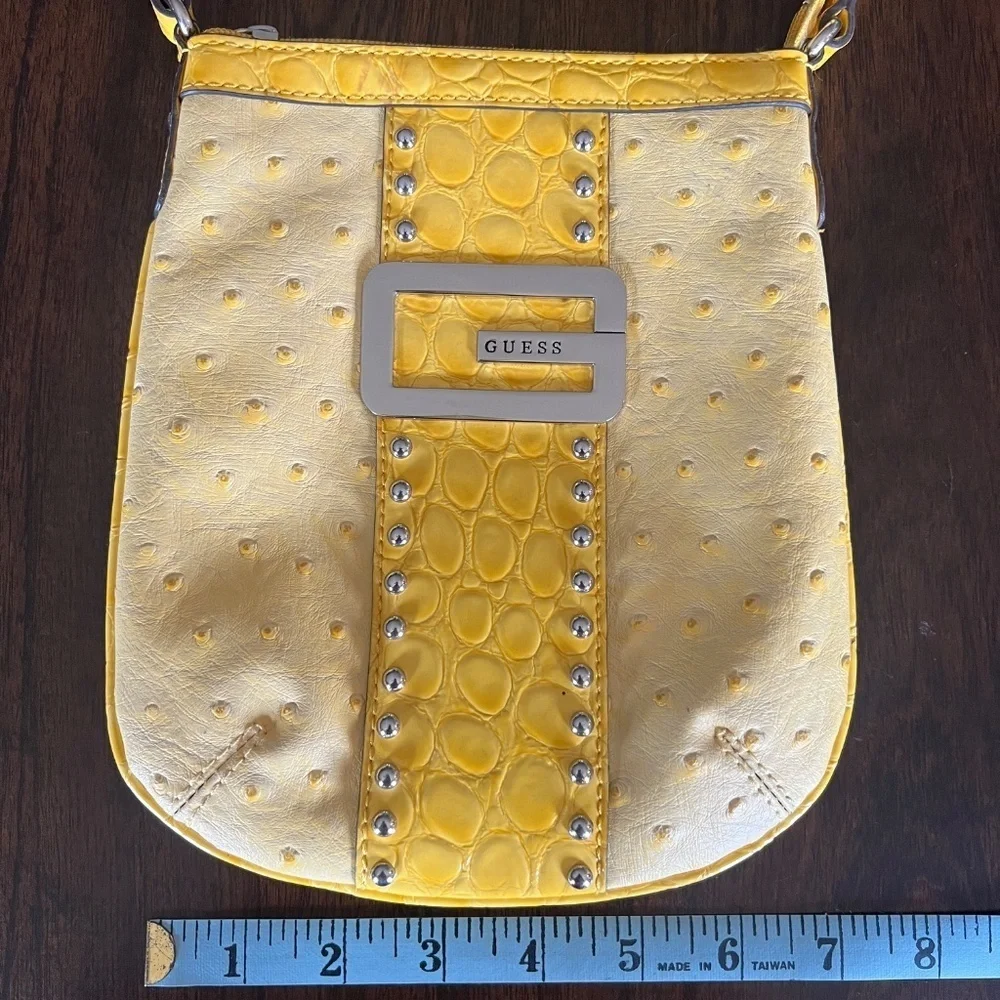 Guess Gold Yellow Crossbody Bag, Floral Print Inside, Silver G